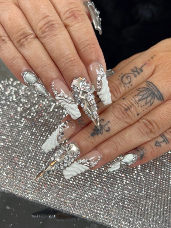 White and crystal encrusted long coffin nails with gems
